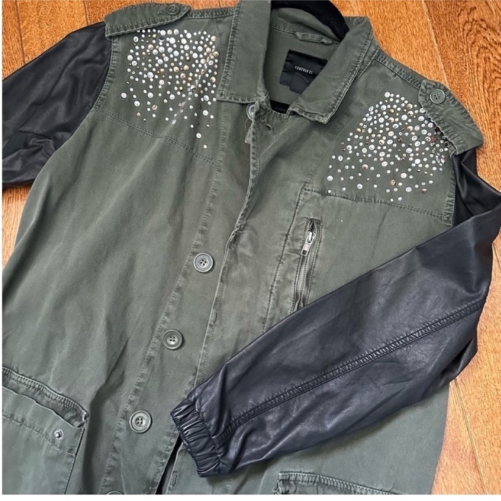 Rhinestone leather sleeve moto jacket
